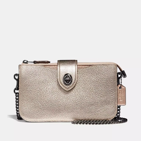 Coach Metallic Turnlock Crossbody Platinum Bronze Chain Clutch/wallet  NEW $175 - Picture 1 of 8